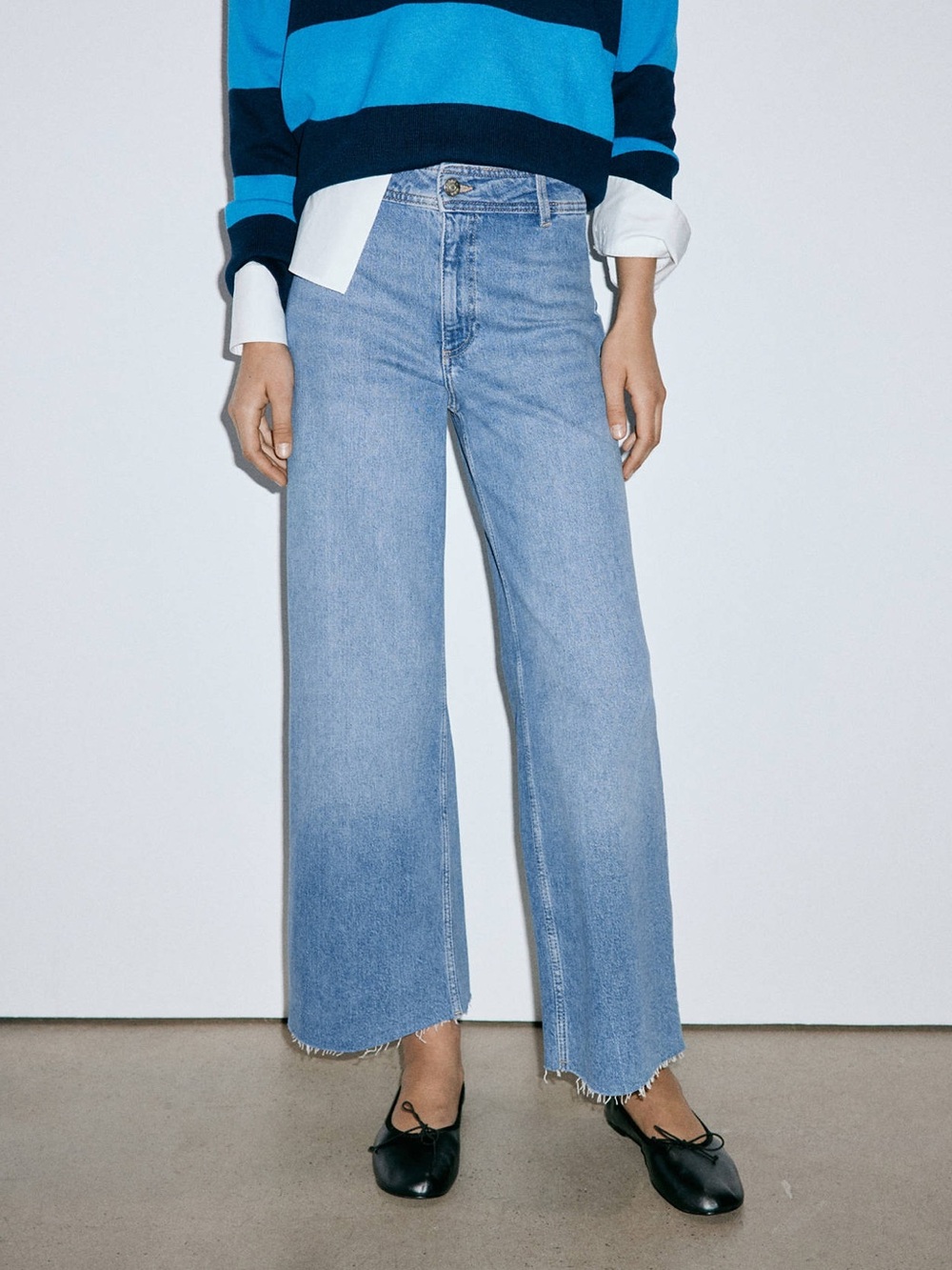 MANGO Catherine Culotte High-Rise Jeans Blue Cotton Raw Hem Size 2